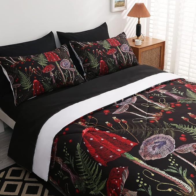 7 Piece Mushroom Comforter Set Full/Queen Size Mushroom Bedding Set Bed in A Bag 3D Plants Colorful Red Black Boho Quilt Set for Kid Boys Girls Teens Woman Adults All Season