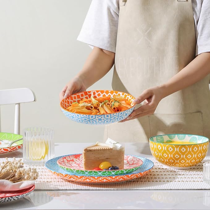 Selamica Ceramic Plates and Bowls Sets,32 Pieces Dinnerware Sets for 8,Scratch Resistant Dish Set for family gathering,Dishwasher & Microwave Safe, Assorted Colors