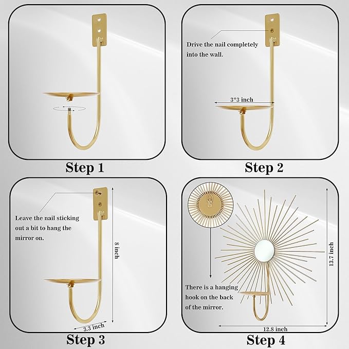 2 Set Candle Sconces Wall Decor for Living Room Metal Sunburst Mirrored Modern Gold Wall-Mounted Candle Holder Sconces Hanging Mounted Fireplace Farmhouse Wedding