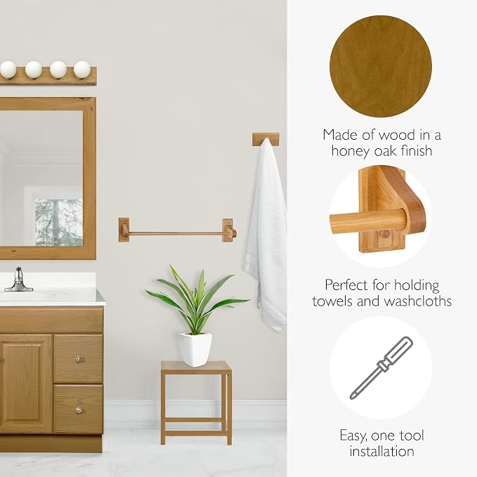 Dalton 4-Piece Bathroom Accessory Set, Honey Oak, Includes Towel Bar, Towel Ring, Toilet Paper Holder, and Robe Hook – Design House, 561258