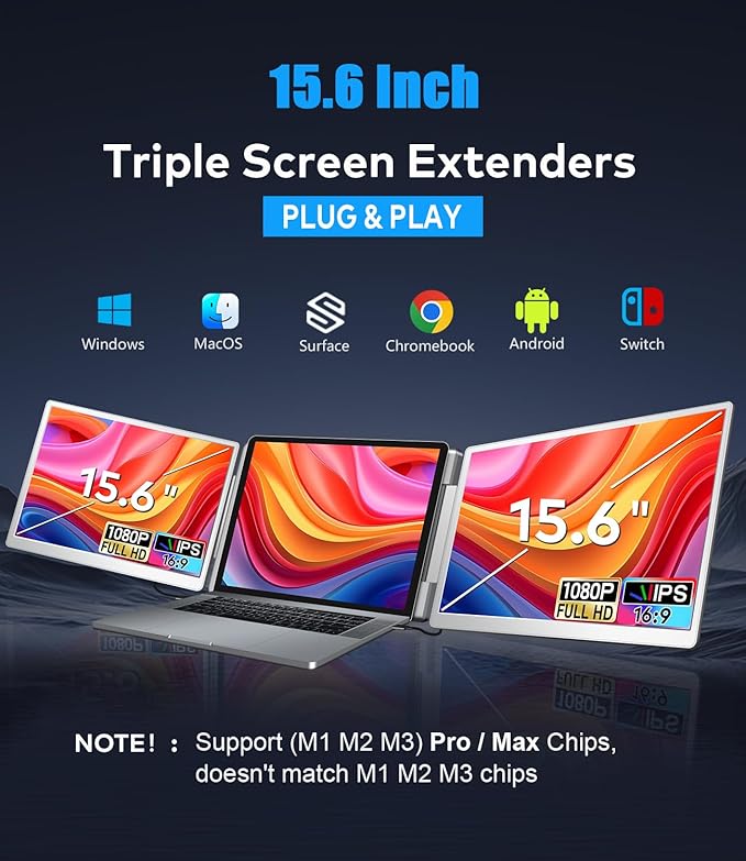 FQQ 15.6" Laptop Screen Extender, Left Screen 360° Flip Triple Screen Monitor Extender, FHD 1080P IPS Portable Travel Monitor Display, fit for 12–18.5" Laptops, Compatible with Windows and MacBook-S10