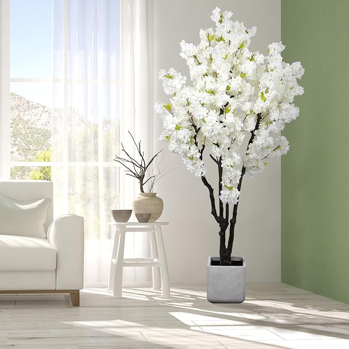 6ft Tall Cherry Blossom Artificial Tree, Handmade White Cherry Tree, Fake Flower Faux Silk Leaves Plant, Artificial Plants for Home Office Indoor Outdoor Party Wedding Christmas Decor