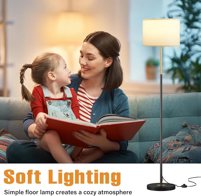 Ambimall 60'' Modern Floor Lamp with Shade, Tall Lamps for Living Room, Bedroom, Office, Dining Room, Gold & Black Lamp Pole(Without Bulb)