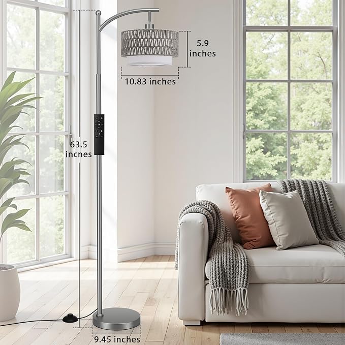 Ambimall Arc Floor Lamp for Living Room with Remote, Color Temperature & Brightness Adjustable, Boho Standing Lamp with Rattan & Fabric Double Drum Shades, Bulb Included(Deep Gray)