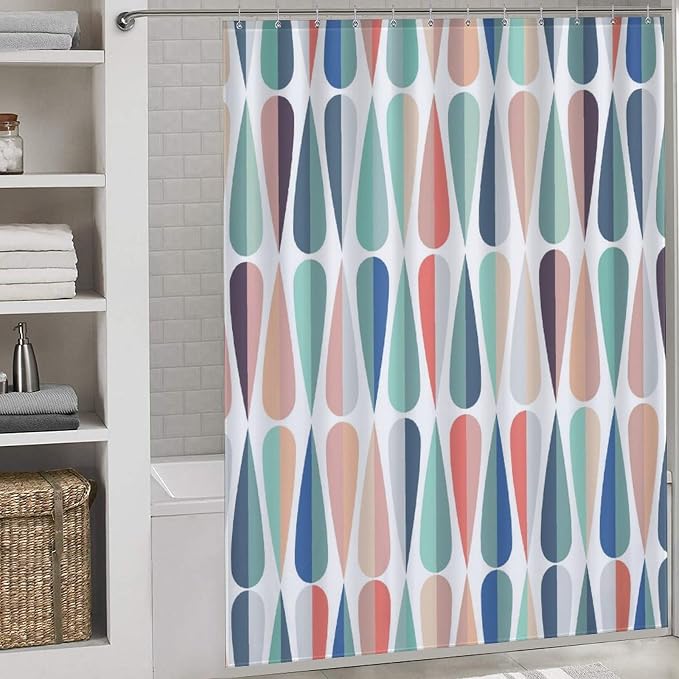 Mid Century Shower Curtain, Modern Abstract Geometric Pattern Vintage Retro 1950s 1960s Geo Pattern Art Pastel Waterproof Fabric Bathroom Shower Curtain Set with Hooks, 72"x78" Inch