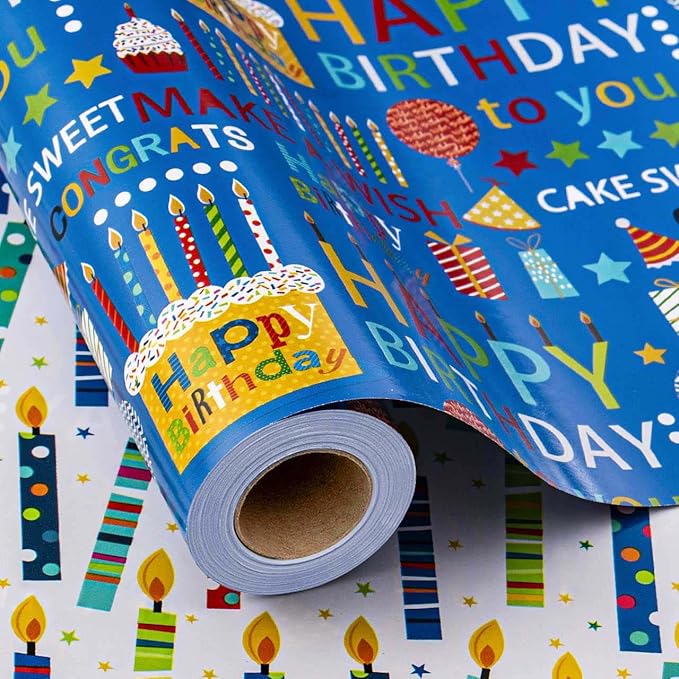 Homeral Blue Birthday Wrapping Paper Roll - Happy Birthday Lettering & Colorful Candles, Reversible Design for Boy Baby Shower, Party - Mini Roll - 17 Inch x 33 Feet