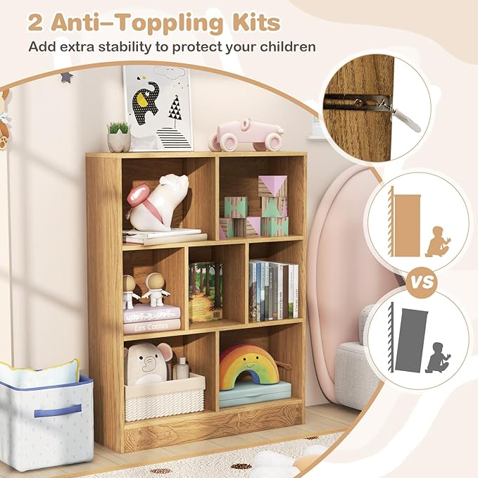 HONEY JOY Kids Toy Storage Organizer, 7-Section Wooden Floor Storage Cabinet, 41” Daycare Toy Chest, 3-Tier Kids Display Bookshelf for Classroom, Playroom & Nursery, Kindergarten (Natural)