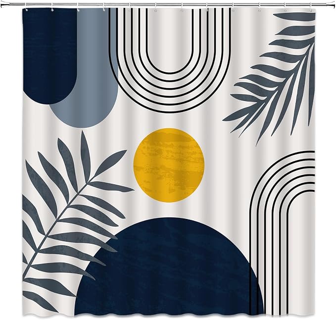 Mid Century Modern Shower Curtain Boho Navy Blue Abstract Retro Aesthetic Fabric for Bathroom Decor Bathtub with Hooks (70" WX70 H)
