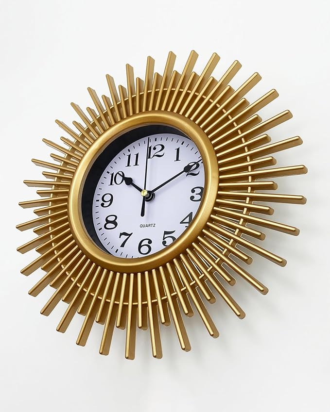 Gold Sunburst Wall Clock Battery Operated Aanlog, 10 Inch Modern Boho Decorative Wall Clock for Living Room, Bedroom, Kitchen, Office, Bathroom, Farmhouse