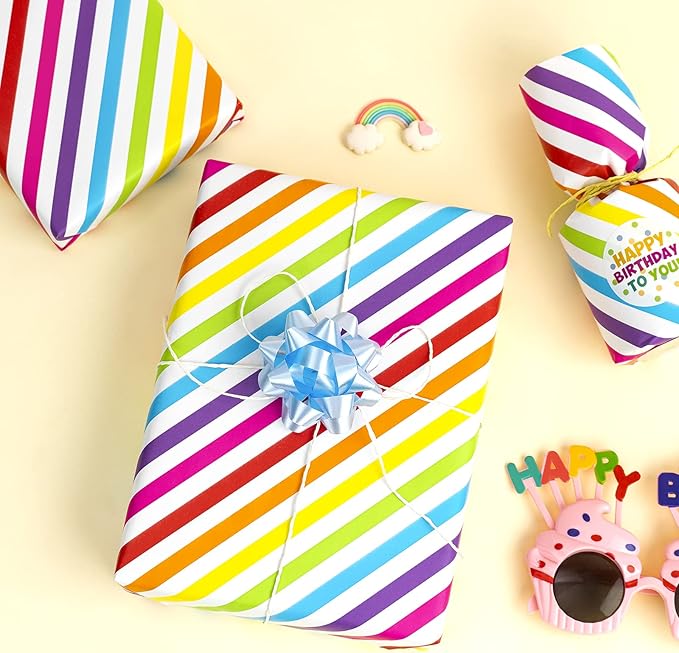 WRAPAHOLIC 30 Inch Birthday Wrapping Paper Roll - Jumbo Colorful Stripe Design for Birthday, Holiday, Party, Baby Shower - 30 Inch x 33 Feet
