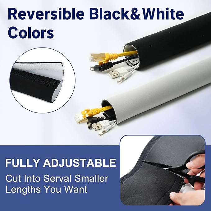 Cable Management Sleeve 6.6ft (80 inch) - 1.5 inch, Hook-and-Loop Cuttable Neoprene Cord Organizer, Split Wire Reversible Cord Protector for TV USB PC Ethernet Cable Hider Protect Pets Kids