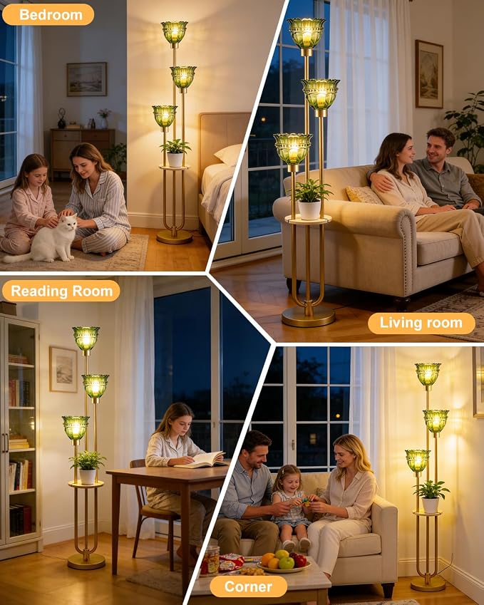 Lightdot 3-Lights Glass Floor Lamp for Living Room Modern Gold Floor Lamp with Green Glass Shade 3000K Bulbs Included Tall Standing Lamp with 5Lb Heavy Base for Bedroom/Sofa Corner Decor-Foot Switch
