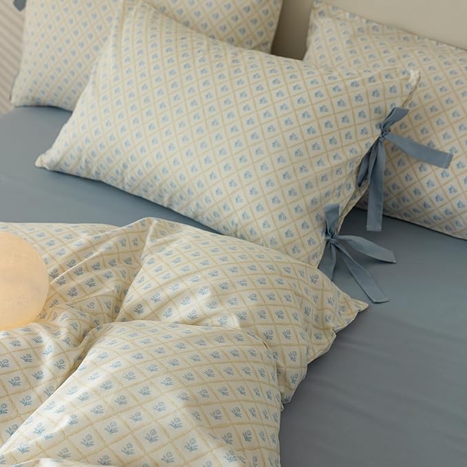 Blue Floral Duvet Cover Full Soft Cotton Garden Style Floral Bedding Comforter Cover Plaid Grid Design Vintage Blue Flower Duvet Cover with 2 Bowknot Pillowcases Botanical Cottagecore Bedding Set Full
