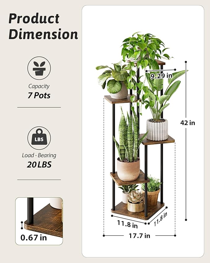 GENTINGBRO Tall Plant Stand Indoor 5 Tiered Plant Shelf for Multiple Plants Coner Shelf Stand Wood Plant Stand Metal Shelving for Living Room Bedroom Balcony Patio Brown Oak