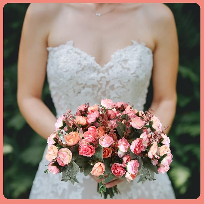 Geosar 8 Pcs Rose Artificial Flowers Fake Flowers Bouquet 21 Heads Silk Faux Floral Bundles with Stem for Home Bridal Wedding Arrangements Table Centerpieces Party Decor (Pink)