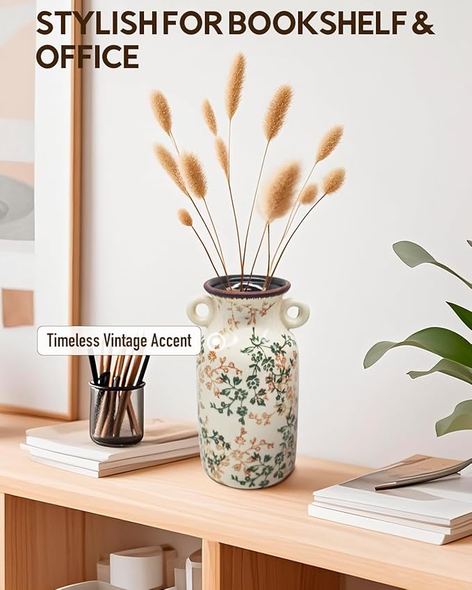 Vintage Ceramic Flower Vase Home Decor - Tabletop Rustic Tall Vase for Decor Living Room Bookshelf Office Kitchen Farmhouse, White Vases for Bouquet, Symmetric Holes | Grand Millennial | 9.1inch