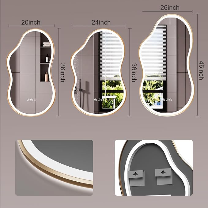 WTTY LED Irregular Bathroom Mirror 26x46 Inch with Front & Back Lights - Asymmetrical Design, Anti-Fog, Dimmable 3 Color Temperatures, Shatterproof Glass, Horizontal or Vertical Mount (Gold Frame)