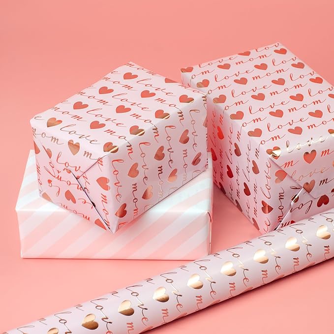 LDGOOAEL Mini Wrapping Paper Roll - Reversible Design (17 Inches X 32.8 Feet) - Love Mom for Mothers Day, Birthday, Baby Shower
