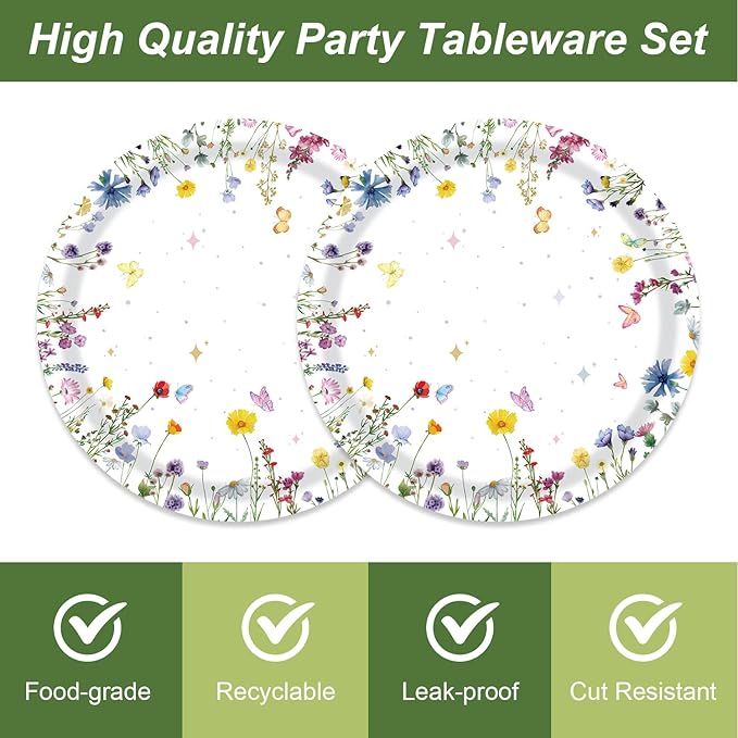 48pcs Flower Party Decoration Set,16 Dessert plate,16 Napkin And 16 Fork,16 persons Baby in Bloom Floral Disposable tableware,Wildflower Birthday Party Supplies (Multicolor 24)
