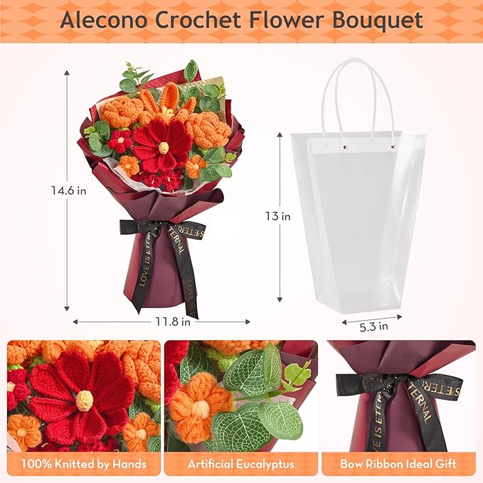 Alecono Crochet Flower Bouquet, Orange and Burgundy Knitted Flowers, Red Crochet Tulip Galsang Flower for Lover Anniversary Birthday Party Mother's Day Graduation Gifts (Include Card)