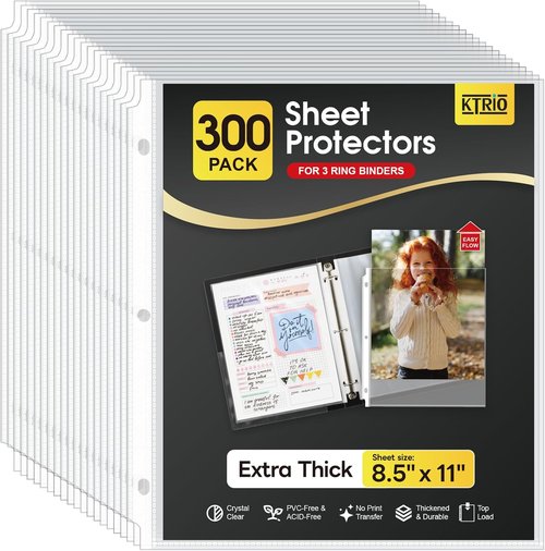 KTRIO Heavy-Duty Sheet Protectors - Clear Page Protectors for 3 Ring Binders | 8.5 x 11 Inch, 300 Pack