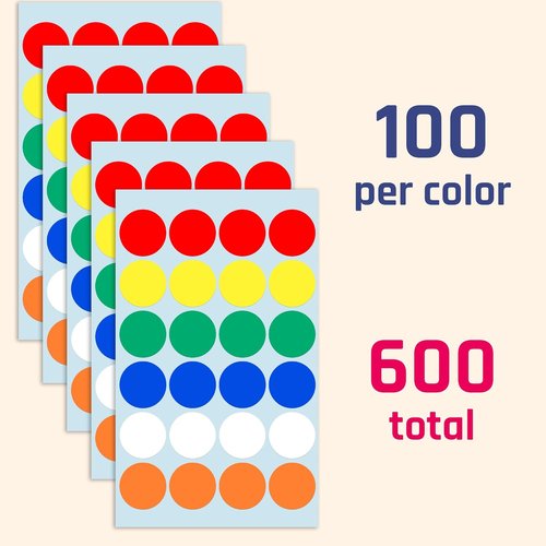 Colored Dot Stickers Labels by Skiennix - 600 Pack of 1-Inch Round Stickers in 6 Vibrant Colors