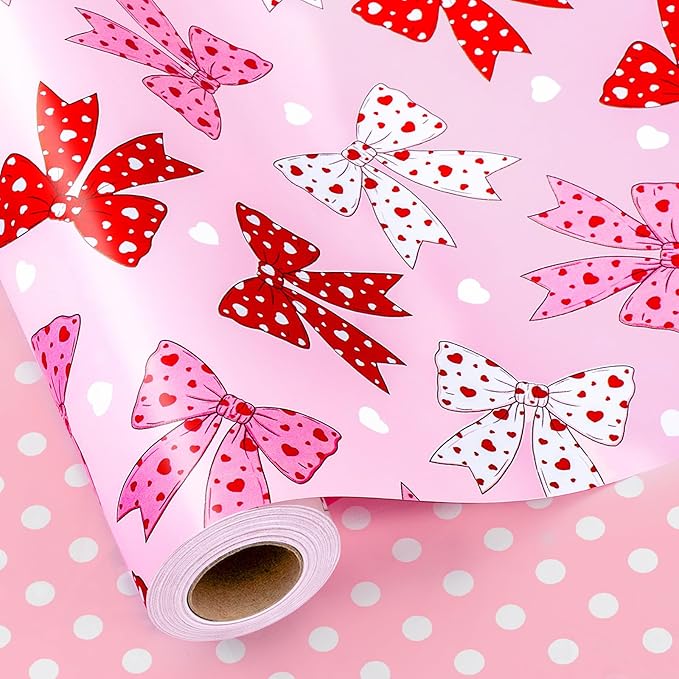 Yarcony Reversible Pink Wrapping Paper Roll for Girl Women, Cute Pink Coquette Bow Design Girly Gift Wrap for Birthday, Wedding,Valentine's Day, Christmas, Baby Shower, Party(17 Inch X 33 Feet)