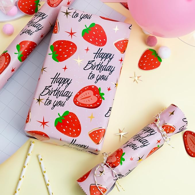 Burymento Pink Strawberry Birthday Wrapping Paper Roll, Gold Leaf Star Design Gift Wrap for Birthday, Valentines, Mothers day, Graduation, Wedding, Fathers day, Baby Shower, Christmas (17 IN x 32.8 FT)