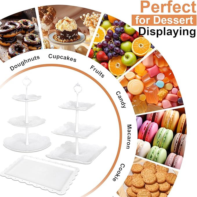 10 Pcs Cake Stand White Plastic Dessert Table Display Set 4 Pcs 3 Tired Cupcake Stand Cookie Tray Rack Serving Tray Cake Display Tower and 6 Pcs Dessert Trays for Wedding Baby Shower Tea Party (White)
