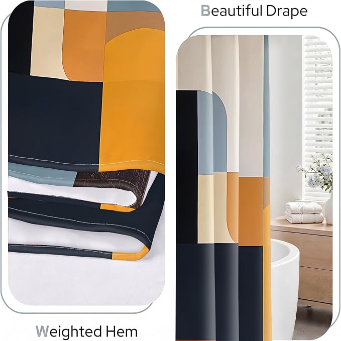 Brown Mid Century Shower Curtain, Abstract Geometric Modern Pattern, Navy Blue and Yellow Boho Bathroom Decor, Retro Art Waterproof Fabric Bath with Hooks, 70x75 Inch