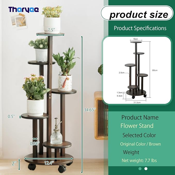 5 Tier Plant Stand Indoor, Wood Plant Shelf Corner Display Rack with Wheels, Multiple Plants Ladder Holder for Living Room Balcony Bedroom Garden Patio (Dark brown, 5 Tier)