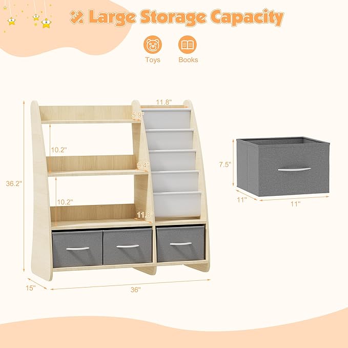 NACHES Kids Bookshelf and Toy Storage Organizer, Montessori Nursery Book Shelves with Sling Rack & Fabric Toy Bins, Toddler Baby Bookcase, Wooden Toy Shelf for Kids Room, Playroom, Sail-Burlywood