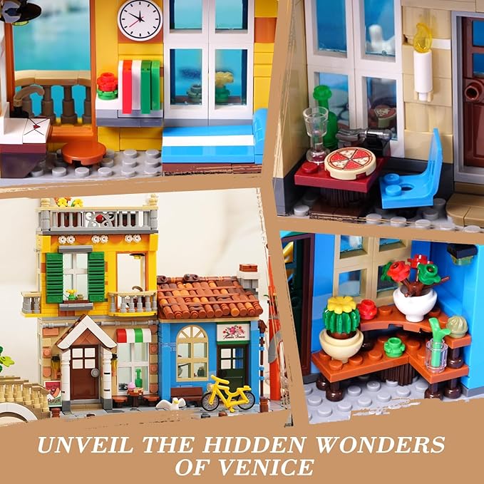 Venice Main Street Building Set for Adults, 2155 PCS City House Building Block Kit with Light Flower Shop Pizzeria, Christmas Home Decor Architecture Model Gift for Women Men Teen Girl 10+