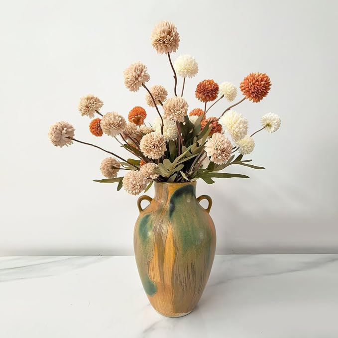 Terracotta Pottery - 10" Unique Decorative Farmhouse Vase with Handle, Green Glazed Earth Yellow Boho Neutral vase Home Decor, Vintage Ceramic Flower vases for Living Room, Kitchen Decor