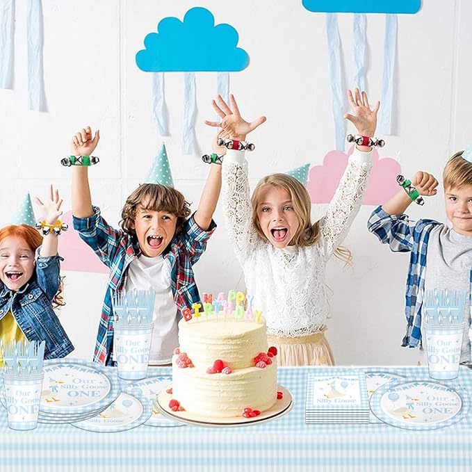 141pcs Blue One Silly Goose Birthday Decorations 1st Birthday Party for Girls Goose Theme Blue Gingham Plates Napkins Forks Knives Straws Tablecloth Cups,Suitable for 20 Guests