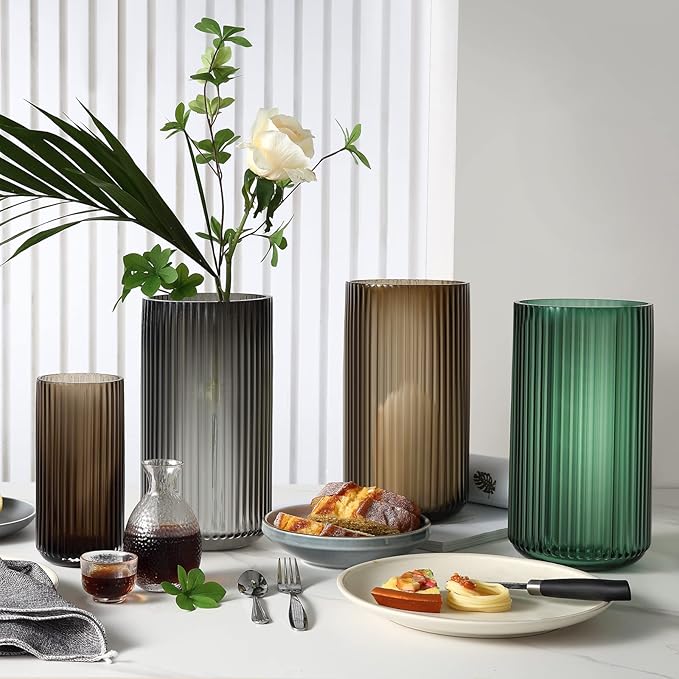Large Cylinder Ribbed Brown Glass Flower Vase for Farmhouse Dining Table Centerpieces Decor