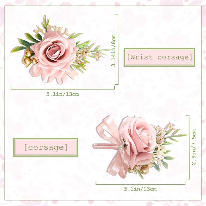 2 Pcs Pink Rose Wrist Corsage and Boutonniere Set, Rose Corsage Hand for Women, Boutonniere for Men Wedding Artificial Flowers Accessories Prom Decor, Wedding Party Accessories (Pink)