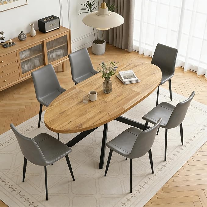 63"-78.7" Extendable Round Dining Table Set for 6, 7 Piece Mid Century Modern Oval Kitchen Table Set, Large Dining Table with 6 Dining Chairs for Living Room Space Saving（Walnut Table+6 Grey Chairs)
