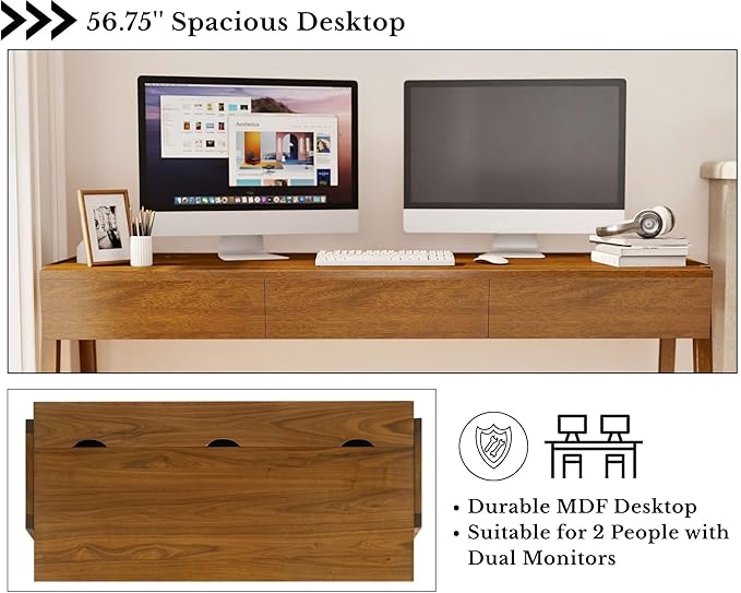 HNY 59 Inches Walnut Wooden Writing Desk with 3 Drawers, Computer Study Table with MDF Top, Solid Rubberwood Legs and Hidden Cable Management Holes, Corner Makeup Vanity Desk for Home Office, Bedroom