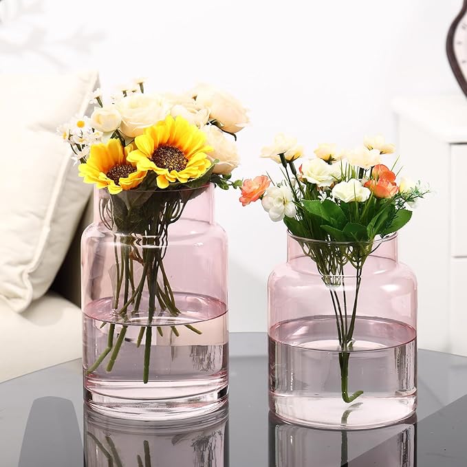 Large Glass Vase, Pink Glass Vase Set of 2, Large Flower Vases for Bouquet, Tall Wide Mouth Vases for Flowers, Home, Wedding, Living Room, Office Decor, 7"+9"