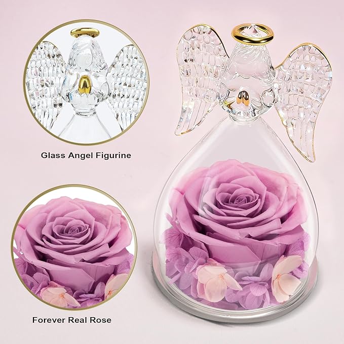 Yamonic for Mom, Moms Birthday Gifts for Women Grandma, Angel Figurines with Preserved Real Flowers Rose for Mothers Day, Wife Anniversary, Valentine's Day Gifts for Her(Pink+Purple)