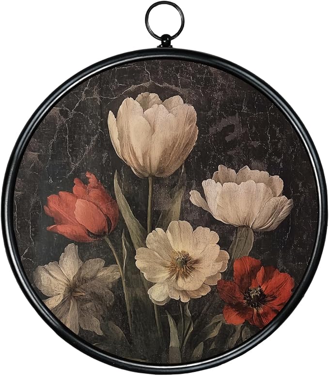 XIAOAIKA Round Vintage Wall Hanging Decor, Printed Textured Surface with Wood Back, Red and White Tulips Design, Black Metal Frame, Ready to Hang for Living Room Bedroom, 10 Inch