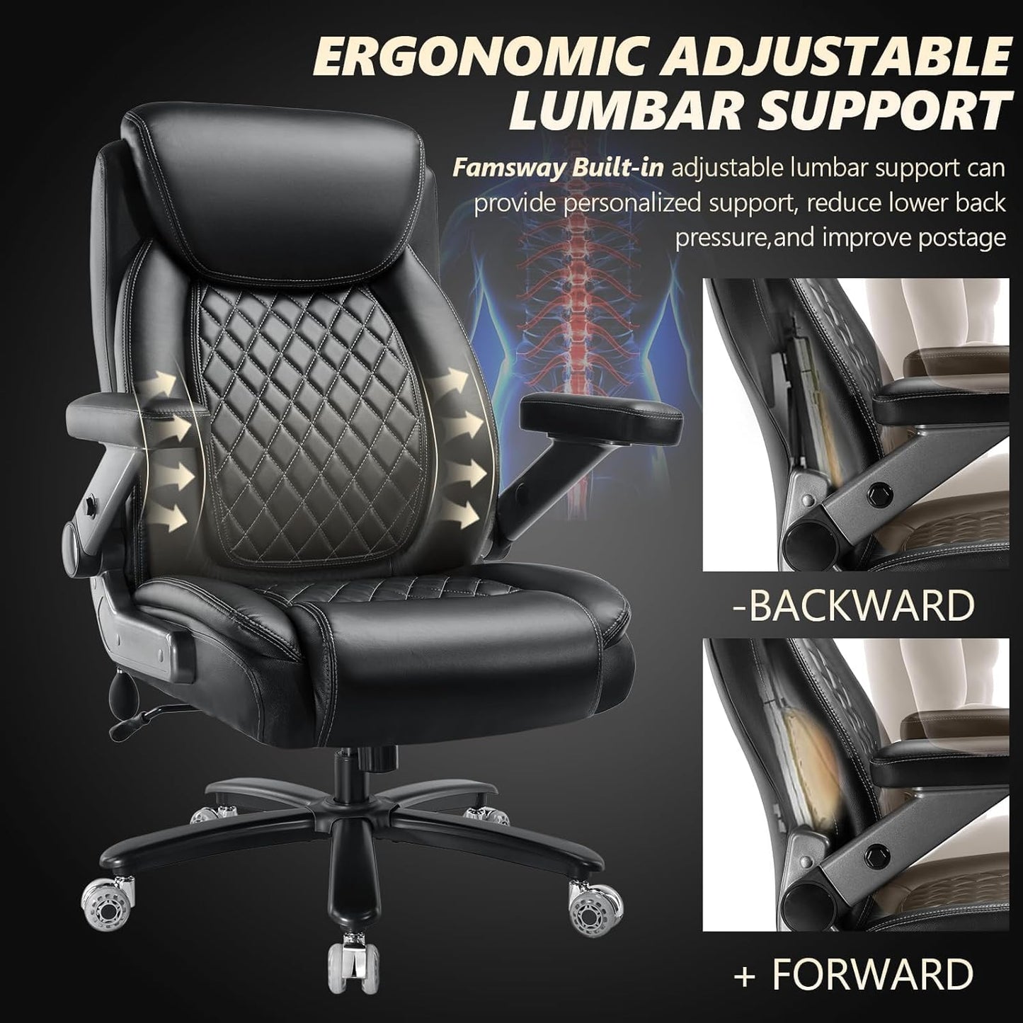 Skiennix Heavy Duty Office Chair - 700LBS Capacity, Comfy Big & Tall Design with Lumbar Support | High Back, 5D Flip Arms