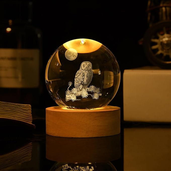3D Laser Etched Owl Crystal Ball with LED Stand, Glass Owl Animal Figurine Lamp Night Light Gifts for Women Kids(2.4 in)
