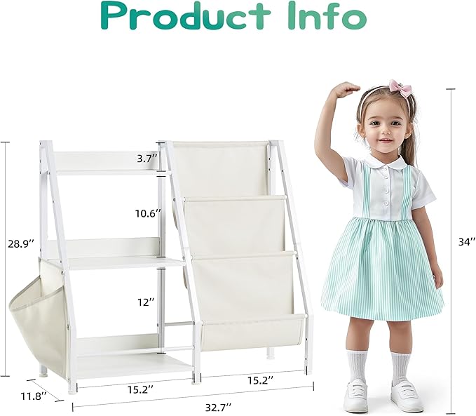 Kids Bookshelf with Extra Pocket, 3 Tier Toddler Bookshelf and Toy Storage Organizer for Kids, Bedroom, Playroom and Nursery, White