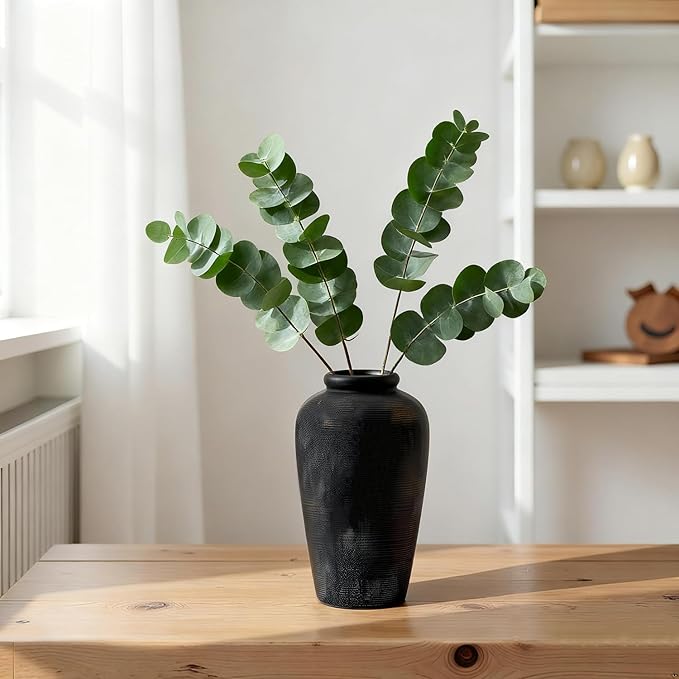 Large Ceramic Vase, 11 inch Minimalist Vase for Home Decor, Handmade Farmhouse Flower Vase for Table Centerpiece, Wedding, Living Room, Kitchen Decoration, Shelf Decor (Black)