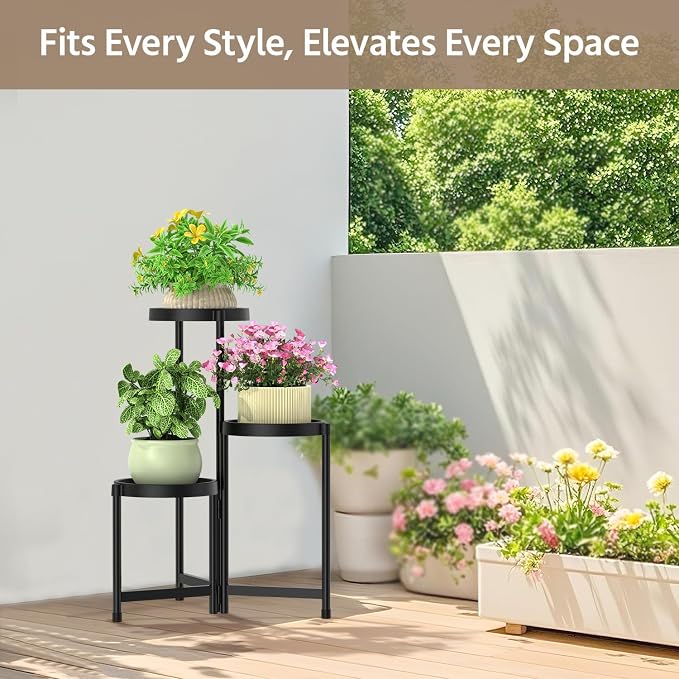 LASZOLA 3 Tiered Plant Stand Indoor Outdoor with Plastic Tray, Corner Folding Tall Flower Display Rack, Modern Plant Holder Shelf for Outdoor Patio Porch Garden Office Living Room, Black