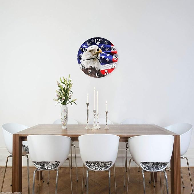 Bald Eagle Patriotic American Flag Wall Clock Battery Operated Silent Round Clock Wall Decor for Home, Office, School 9.8 Inch