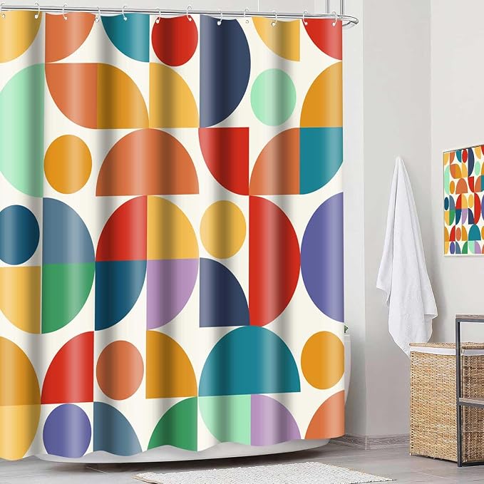 Vintage Colorful Rainbow Mid Century Shower Curtain Modern Abstract Geometric Art Bathroom Curtain Decor 72x72 Inch Washable Fabric Bright Retro Boho Circle Patterned Bath Curtain with 12 Hooks