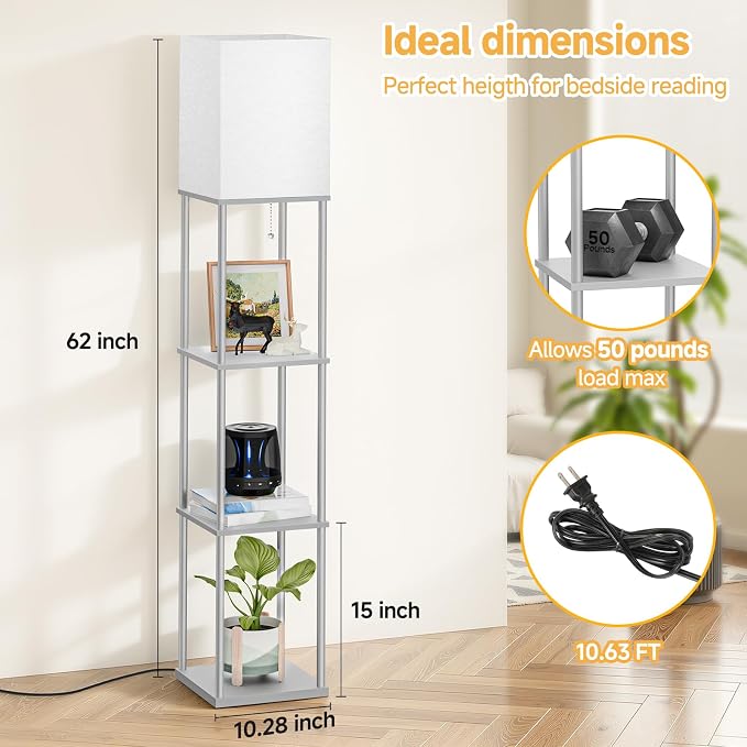 SHINE HAI Floor Lamps with Shelves for Living Room, 3-Tier Square Modern Standing Lamp with 3CCT Bulb, 11W 950LM Brightness, Tall Shelf Lamp for Bedroom, Office, Bookshelf & Display Organizer